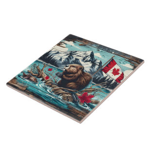 Canadian Beaver by Lake With Mountain Backdrop Tile