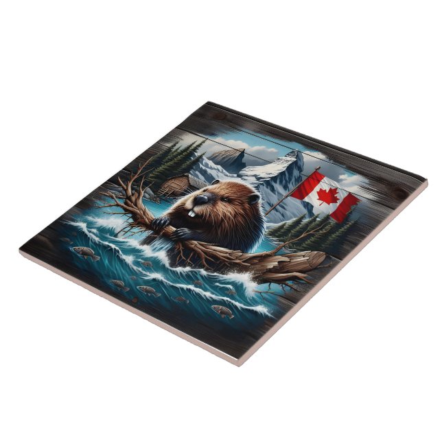Canadian Beaver by Lake With Mountains and Flag Tile (Side)