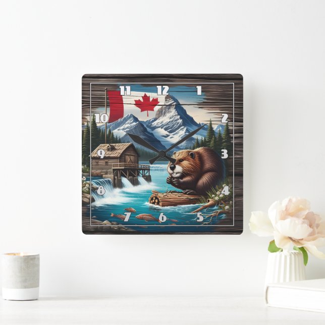 Canadian Beaver by Mountain Lake During Day Square Wall Clock (Home)