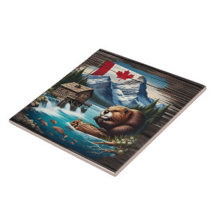 Canadian Beaver by Mountain Lake During Day Tile