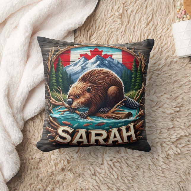 Canadian Beaver by Water With Mountains and Trees Throw Pillow (Blanket)