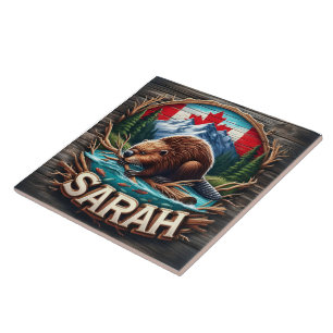 Canadian Beaver by Water With Mountains and Trees Tile
