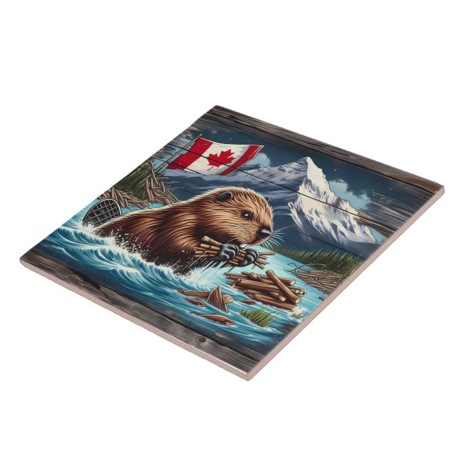 Canadian Beaver Collecting Sticks Near Mountains Tile (Side)