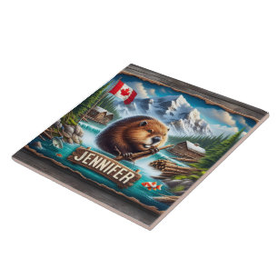 Canadian Beaver Holding Branch Near Mountain Lake Tile