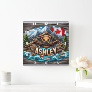 Canadian Beaver Holding Branches by Riverbank Square Wall Clock