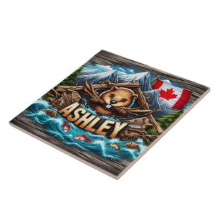 Canadian Beaver Holding Branches by Riverbank Tile