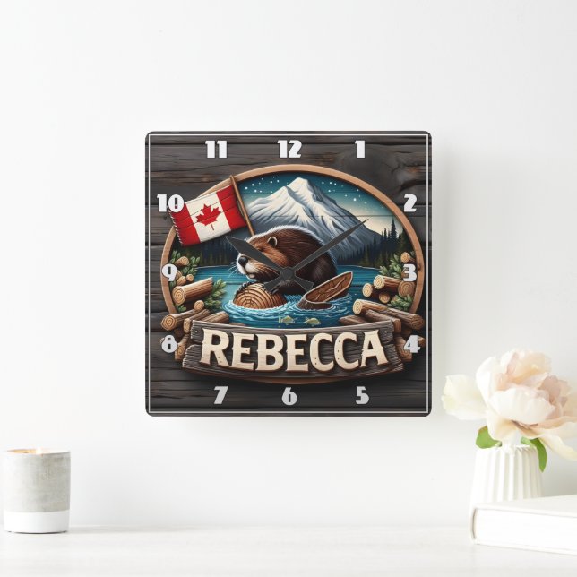 Canadian Beaver Holding Log by Canadian Flag Square Wall Clock (Home)