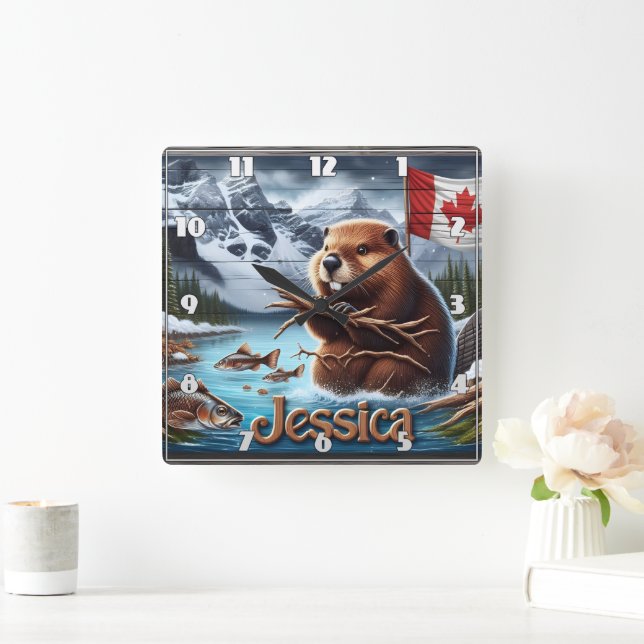 Canadian Beaver Holding Sticks by a Lake Square Wall Clock (Home)