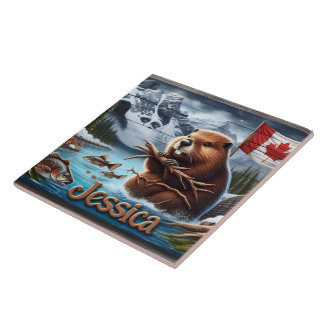 Canadian Beaver Holding Sticks by a Lake Tile