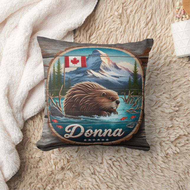 Canadian Beaver in Forest Pond With Mountains Throw Pillow (Blanket)