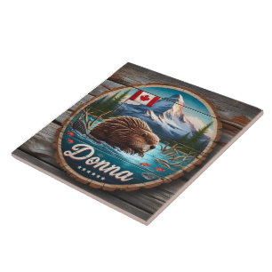 Canadian Beaver in Forest Pond With Mountains Tile