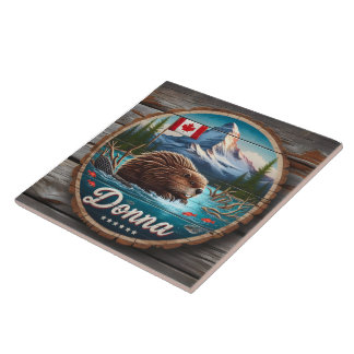 Canadian Beaver in Forest Pond With Mountains Tile