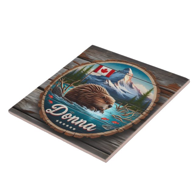 Canadian Beaver in Forest Pond With Mountains Tile (Side)