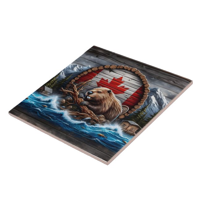 Canadian Beaver in Front of Mountain Landscape Tile (Side)