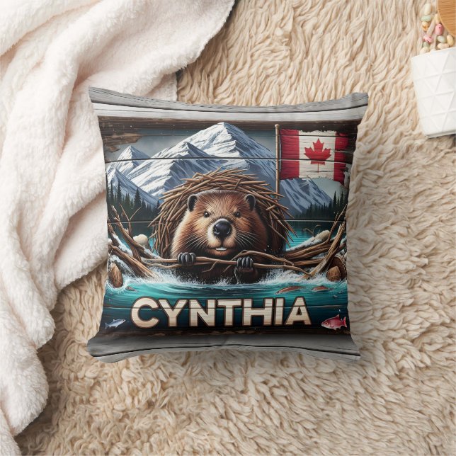 Canadian Beaver in Front of Mountains and Flag Throw Pillow (Blanket)