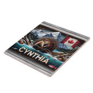 Canadian Beaver in Front of Mountains and Flag Tile