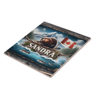 Canadian Beaver in Scenic River With Flag Tile