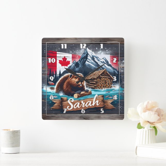Canadian Beaver in Water With Logs Near Mountains Square Wall Clock (Home)