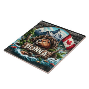 Canadian Beaver Near Lake With Rocky Mountains Tile