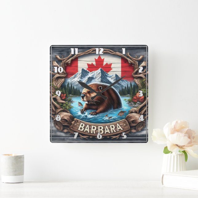Canadian Beaver Near Mountains and Maple Leaves Square Wall Clock (Home)