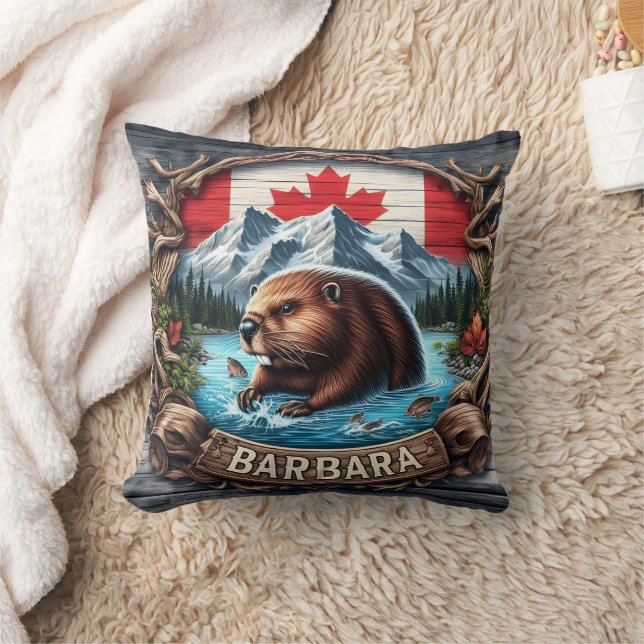 Canadian Beaver Near Mountains and Maple Leaves Throw Pillow (Blanket)