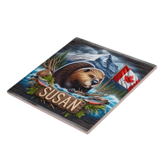 Canadian Beaver Near Water With Maple Leaf Flag Tile (Side)