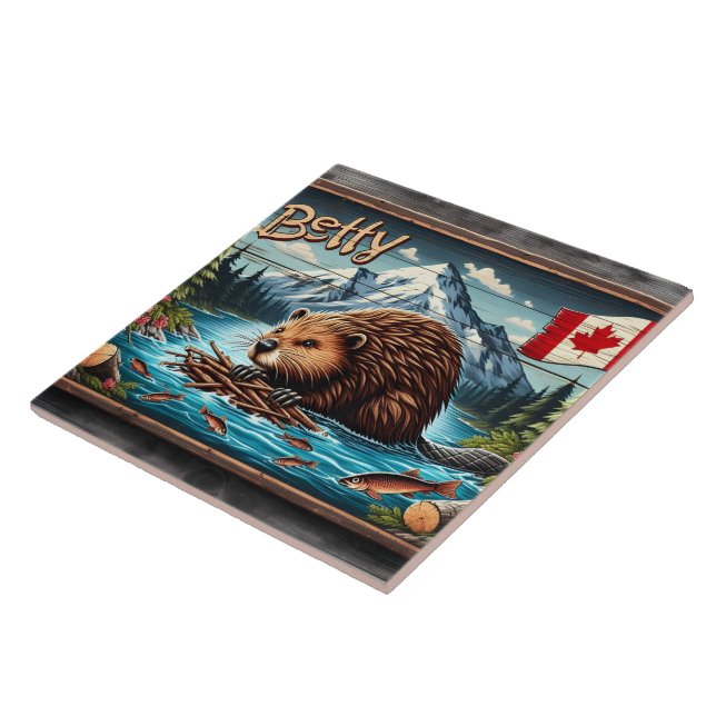 Canadian Beaver Nesting by Mountain River Tile (Side)