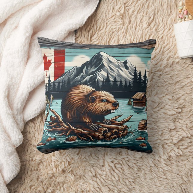 Canadian Beaver on a Log by Lake With Mountains Throw Pillow (Blanket)