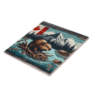 Canadian Beaver on a Log by Lake With Mountains Tile