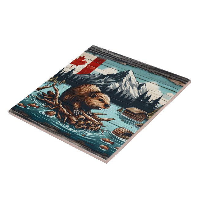 Canadian Beaver on a Log by Lake With Mountains Tile (Side)