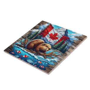 Canadian Beaver on Lake With Canadian Flag Tile