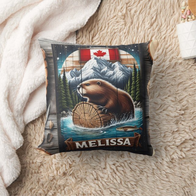 Canadian Beaver on Log With Mountain Background Throw Pillow (Blanket)