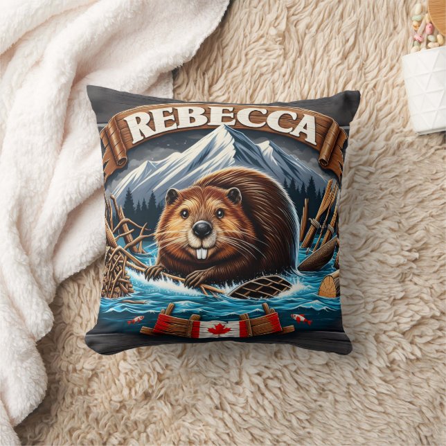 Canadian Beaver, Snow-Capped Mountain Throw Pillow (Blanket)