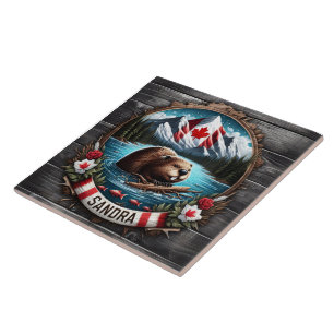 Canadian Beaver Swimming in Clear Mountain Lake Tile