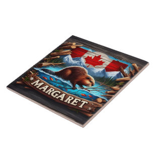 Canadian Beaver Swimming Near Mountains and Forest Tile
