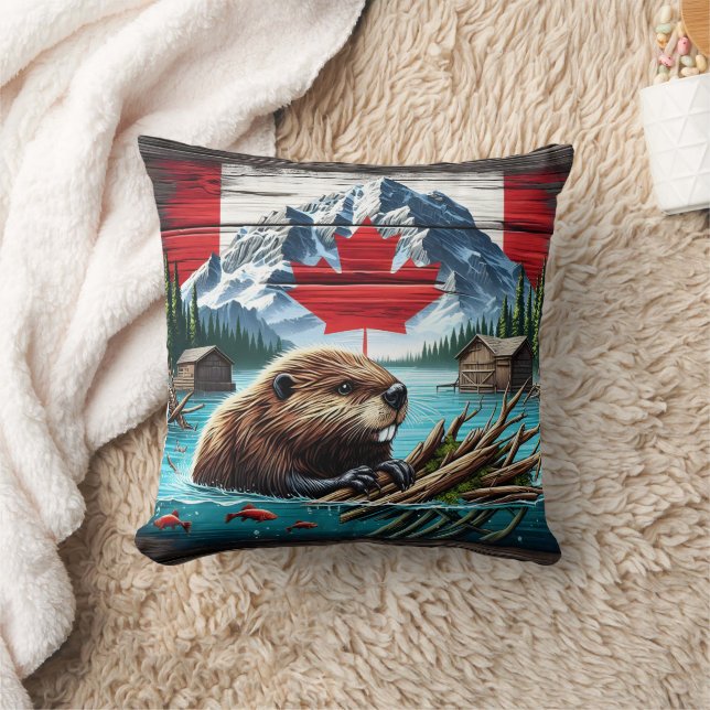 Canadian Beaver Swimming Near Rustic Cabins Throw Pillow (Blanket)