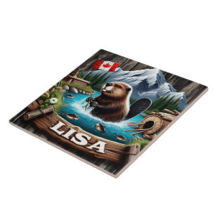 Canadian Beaver The Near Mountain In A Lake Tile