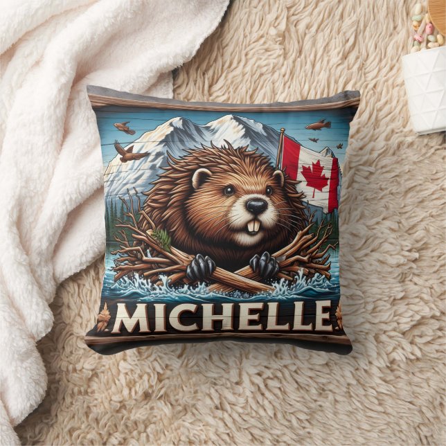 Canadian Beaver With Blue Ocean Scene Throw Pillow (Blanket)