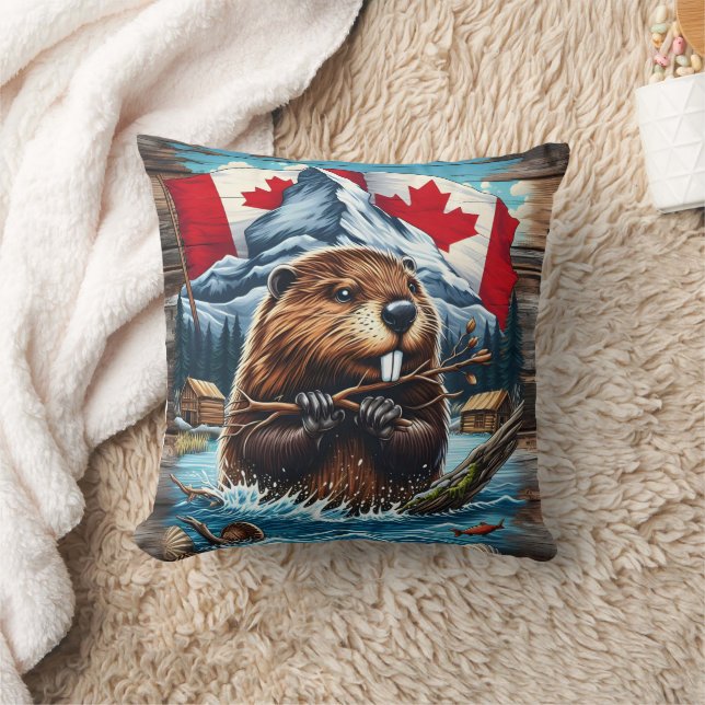 Canadian Beaver with Blue Ocean Throw Pillow (Blanket)