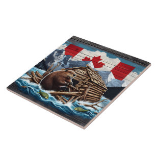 Canadian Beaver With Flag and Lodge in Nature Tile