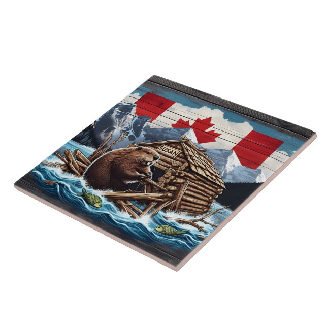 Canadian Beaver With Flag and Lodge in Nature Tile (Side)