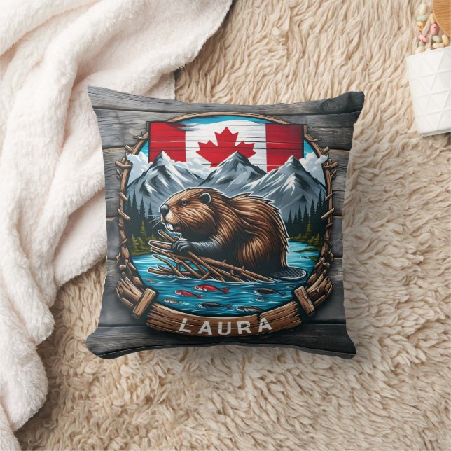 Canadian Beaver With Flag and Mountains at Sunset Throw Pillow (Blanket)