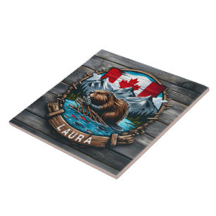 Canadian Beaver With Flag and Mountains at Sunset Tile