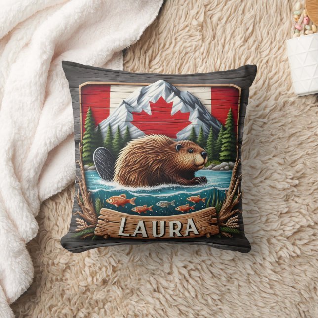 Canadian Beaver With Flag and Mountains Throw Pillow (Blanket)