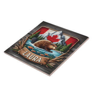 Canadian Beaver With Flag and Mountains Tile