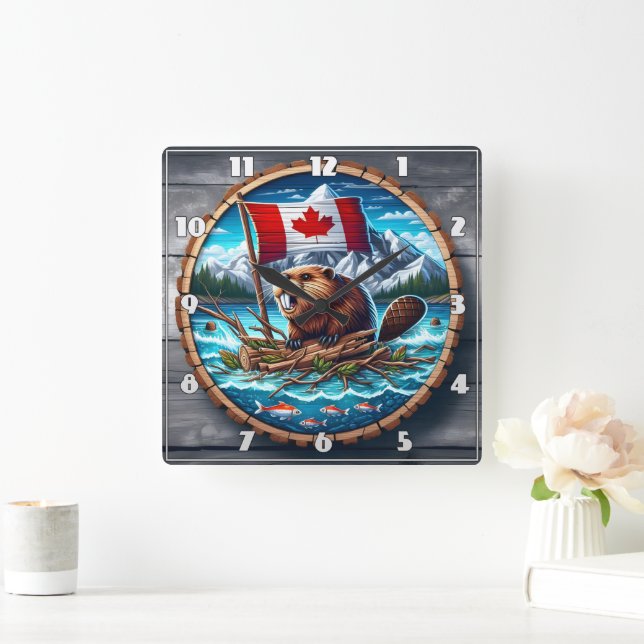 Canadian Beaver With Flag in Mountain Landscape Square Wall Clock (Home)