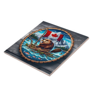 Canadian Beaver With Flag in Mountain Landscape Tile