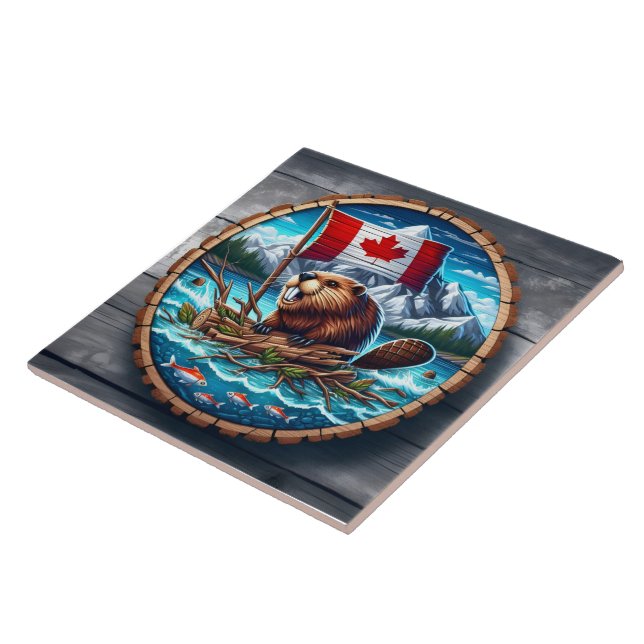 Canadian Beaver With Flag in Mountain Landscape Tile (Side)