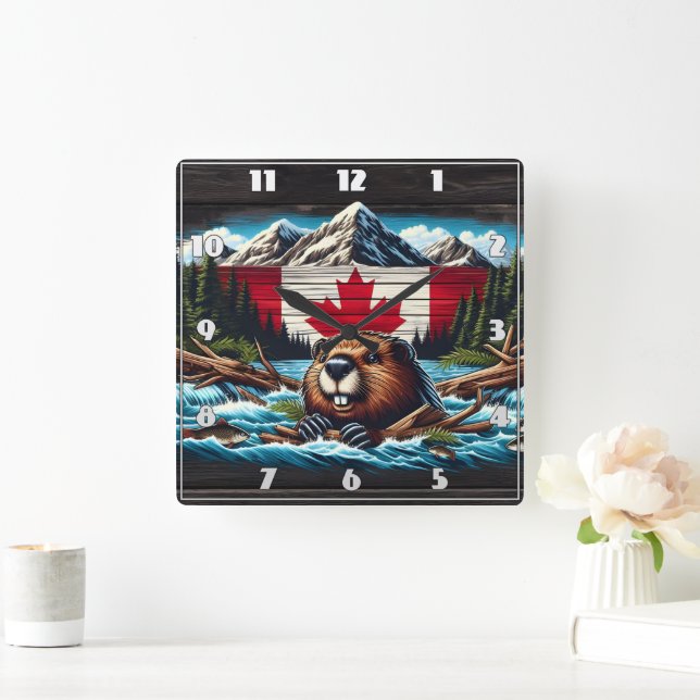 Canadian Beaver With Flag in Mountain Stream Square Wall Clock (Home)
