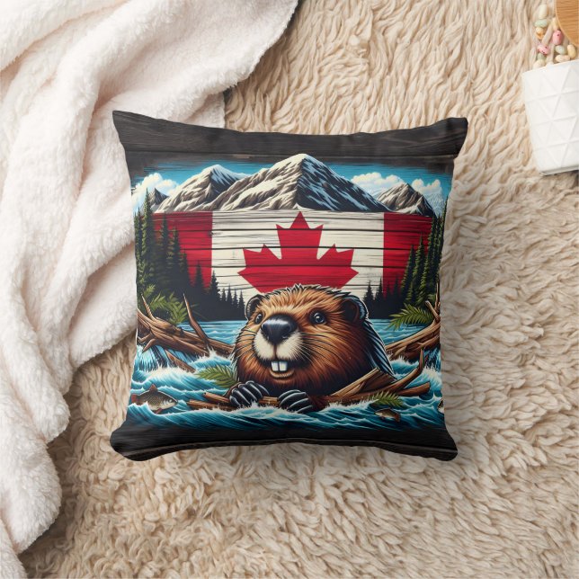 Canadian Beaver With Flag in Mountain Stream Throw Pillow (Blanket)